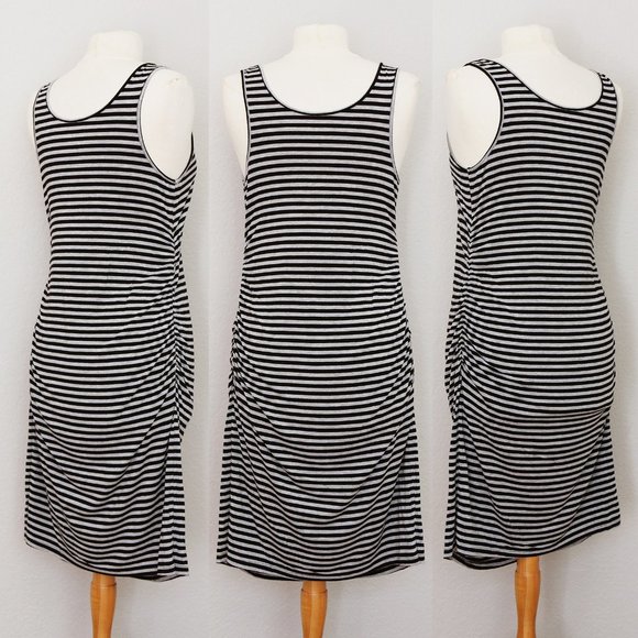 Liz Lange Maternity Gray Black Striped Ruched Gathered Sleeveless Midi Dress S - Picture 9 of 9